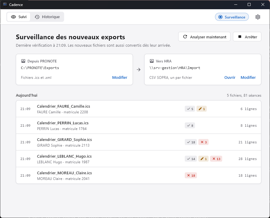 Cadence surveillant un dossier d'exports PRONOTE, avec les conversions du jour